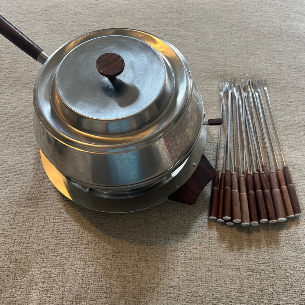Vintage MCM Stainless Steel Fondue Set Wood Handles 18 Numbered Forks Retro 70s